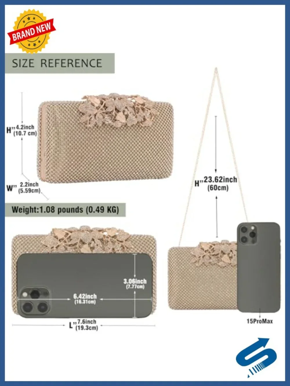 Women's Rhinestone Evening Clutch Bag with Gold Flower Clasp, Hard Shell,